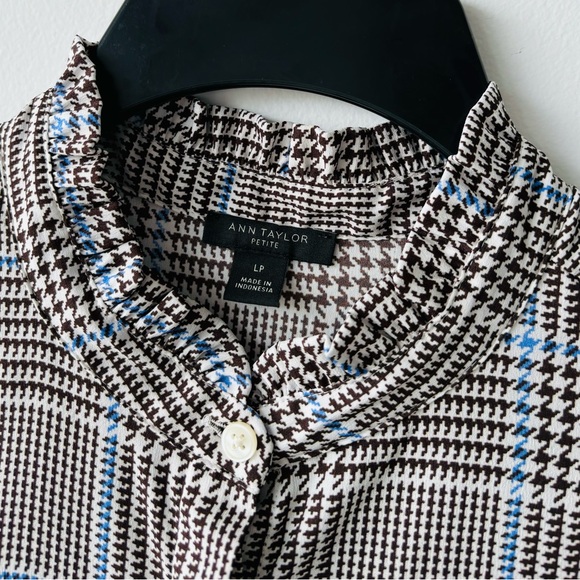 Ann Taylor Brown Blue Houndstooth Print Long Sleeve Button Up Top Large Petite - Picture 4 of 11